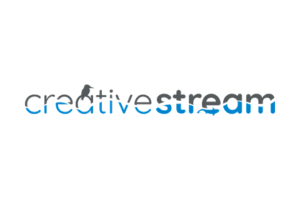 Creative Stream logo. There is a kingfisher sitting on the a of creative, and a fish making the curve of the e of stream, and throughout the logo is a wavy line denoting a stream or river.