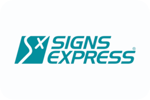 Signs express logo. The text is teal, caps italics, and before it is a box containing the letters S and x