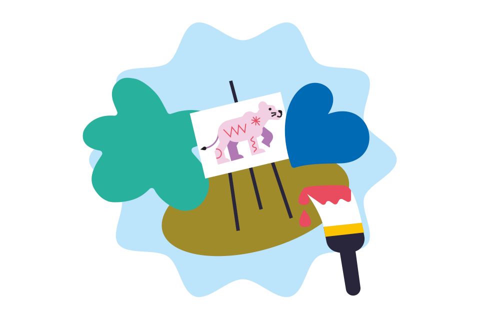 A rosette shape with other shapes, a paintbrush and an easel with a lion on it.