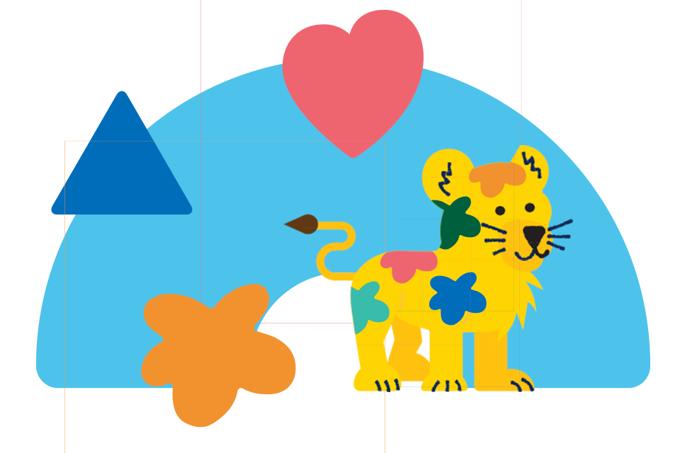 A rainbow shapes with other shapes around it and a lion cub in the middle with splodges on it.