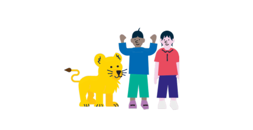 An illustration of two children stood with a bright yellow lion cub. The image is bright and colourful, and features soft shapes.