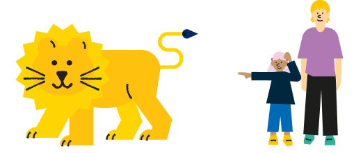 Child and mother looking at a lion sculpture