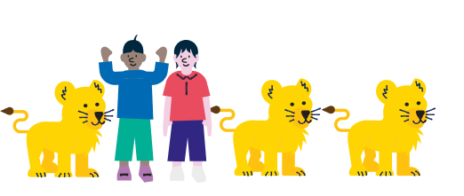 Two children with three lion cubs