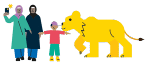 Two women and a child with a lion