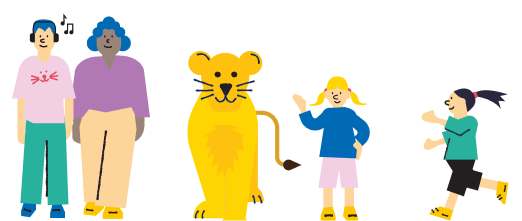 Two people, a lioness and a child. Another child is running towards them
