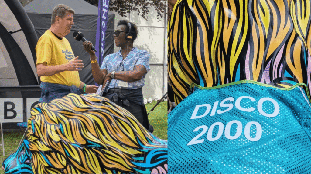 Two images side by side. One features a woman wearing headphones and holding a microphone up to a man who is mid-sentence. In the foreground, a majestic painted lion can be seen. The second image features a glittery blue cape that reads DISCO 2000 - stylishly positioned on the back of the lion.