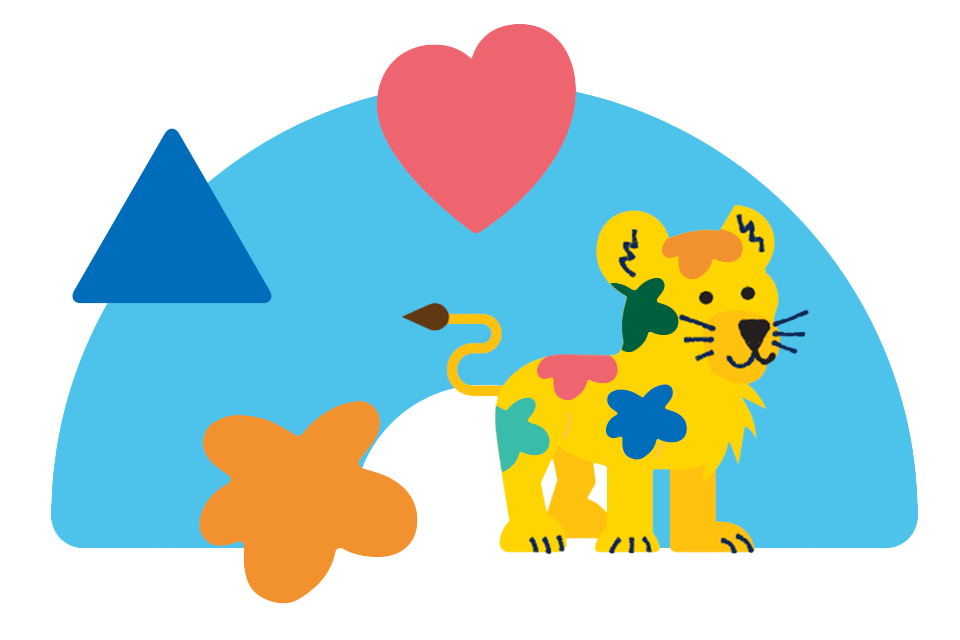 A rainbow shapes with other shapes around it and a lion cub in the middle with splodges on it.