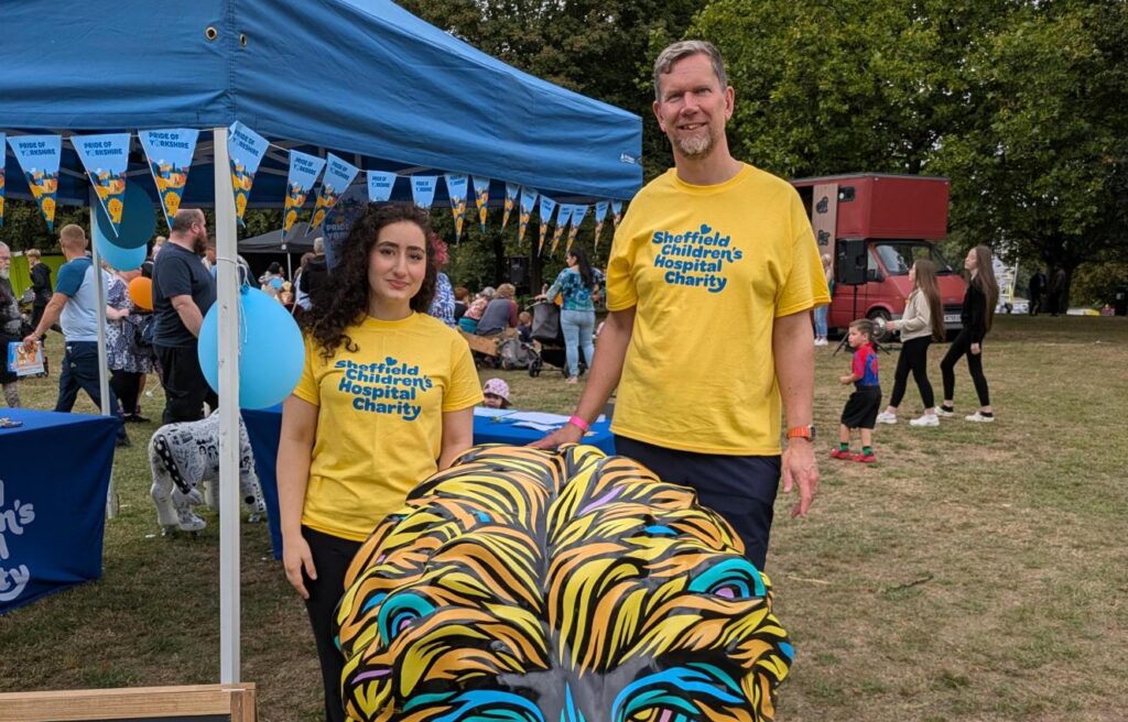 Two people wearing yellow Sheffield Children's Hospital Charity t-shirts stand next to a lion sculpture painted in bright oranges, yellows, blues, greens and pinks. They are in a field and behind them, a gazebo for the charity is visible.