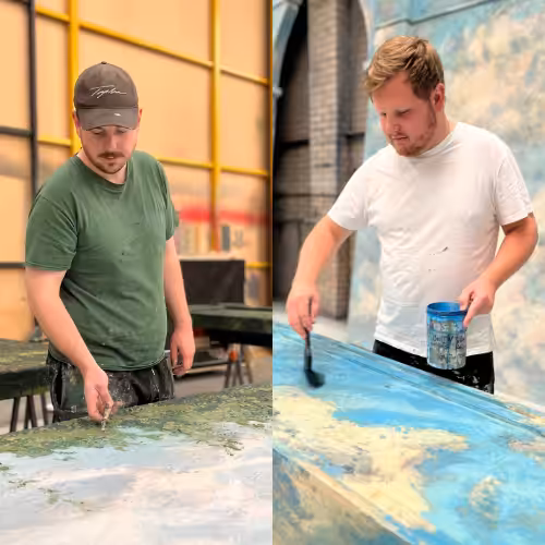 Two photographs of artists at Heritage Scenic Studio. They are working in arty, industrial spaces and are focussed on the project at hand.