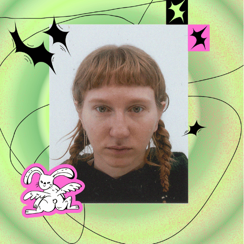 A passport-style photo of a person with red hair in plaits and a short fringe is surrounded by a vibrant green background dotted with pink and black illustrations.