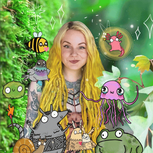 A person with long, bright blonde hair smiles at the camera. They are surrounded by cute animal illustrations including a frog, a snail and a jellyfish.
