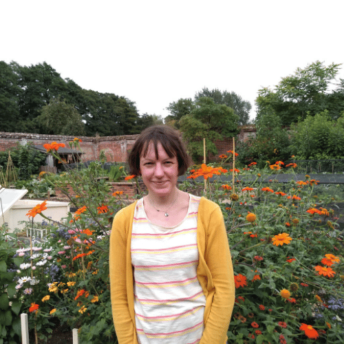 A person wearing a yellow cardigan and a striped top stands in a meadow surrounded by vibrant orange flowers. They are looking at the camera.