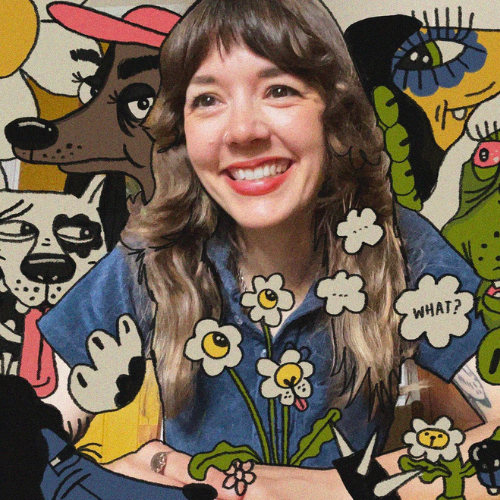 A person with longe brown hair and a fringe smiles just off to the right of the camera. They are surrounded by surrealist, cartoon doodles.
