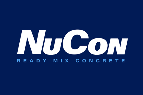 A dark blue background which reads NuCon in white letters, and beneath has 'Ready Mix Concrete' written in sky blue.