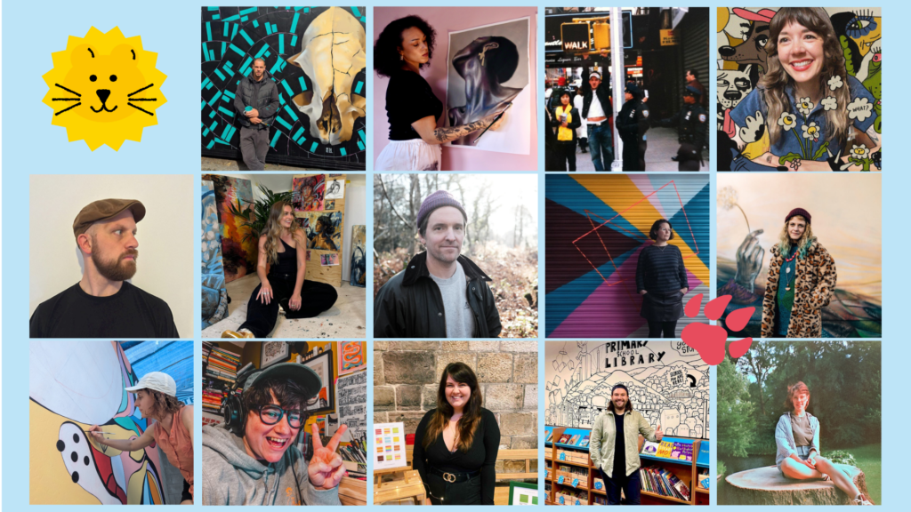 A collage image featuring fourteen headshots of artists joining the Pride of Yorkshire trail. Each image is square and all of the artists are showing their personalities through clothing, accessories, styling and poses.