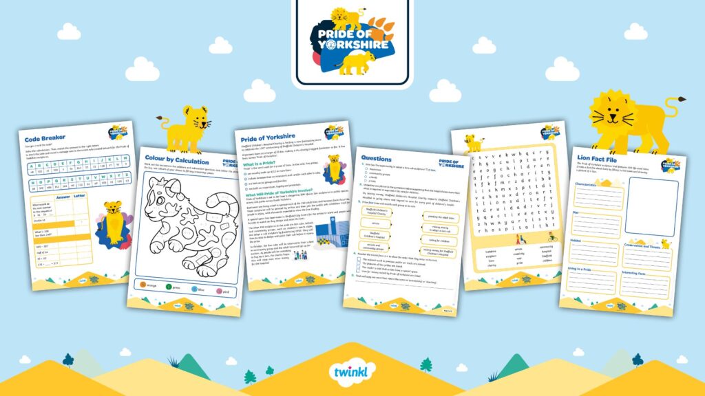 An image showing six single-sheet school resources, including a code breaker, colour by calculation, wordsearch and a lion fact file. At the top, a logo reads 'Pride of Yorkshire', and at the bottom, a logo for education company Twinkl.