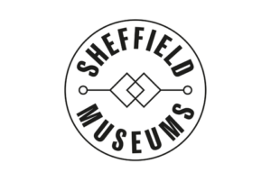 A black and white logo for Sheffield Museums. The brand name is written within a circle, and at the centre are two joined-up diamonds.