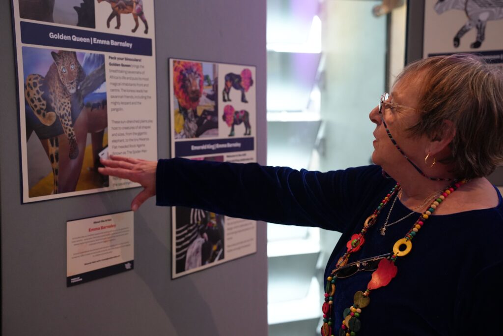 A photograph of a person admiring an image on a gallery wall.