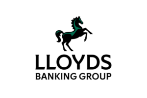 A white background with black text that reads LLOYDS Banking Group - with an illustration of a black horse above.