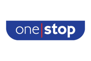 A white background with a blue shape containing white text which reads one stop.