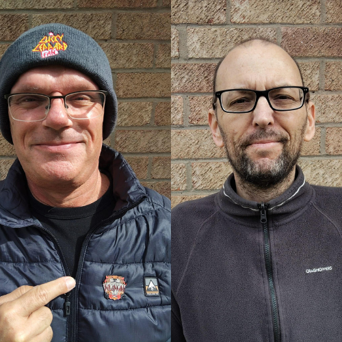 Two photographs of people stood in front of a brick wall.