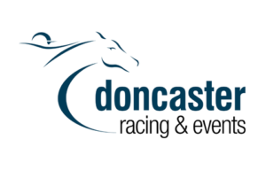 A white background with blue text that reads 'Doncaster racing & events' - next to this is a line drawing of a horse in motion.
