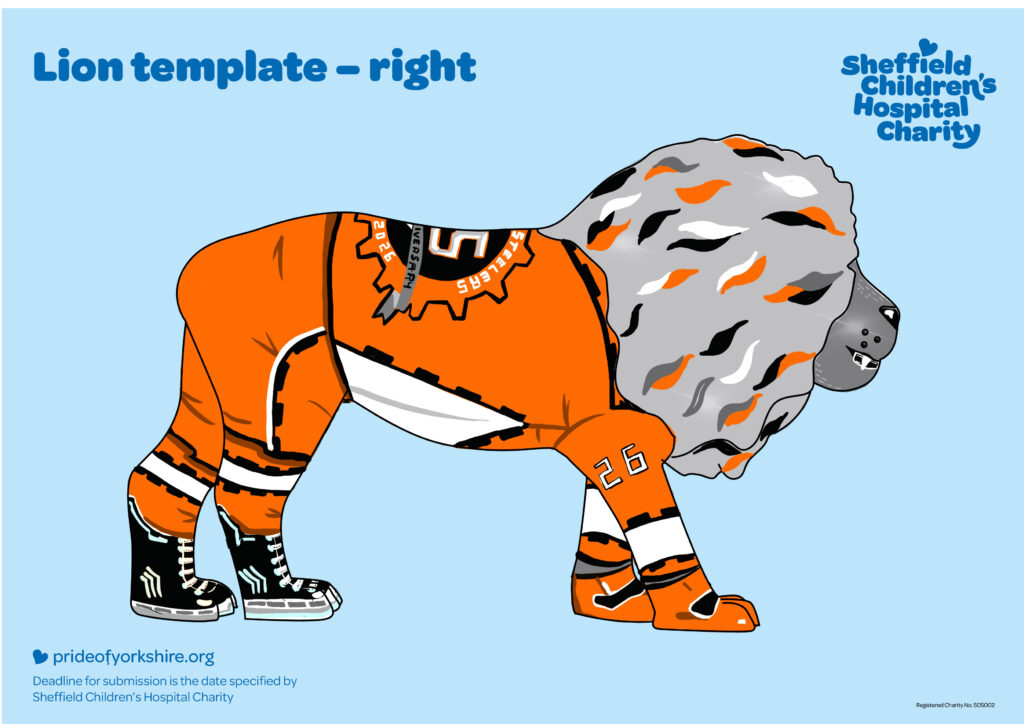 A drawing of a lion sculpture that looks like a Sheffield Steelers ice hockey player.