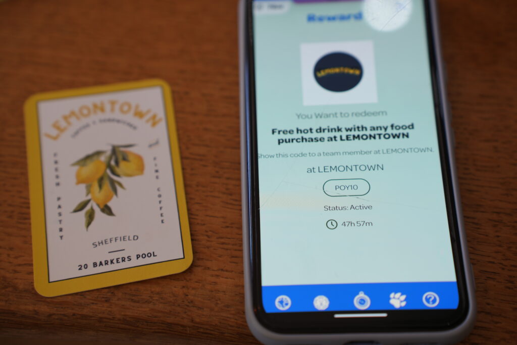 An image of a phone screen showing a reward at LEMONTOWN coffee shop in Sheffield.