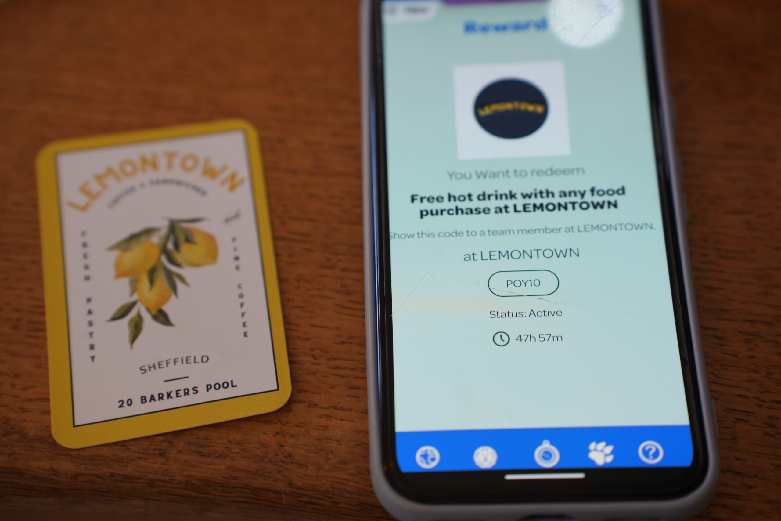 An image of a phone screen showing a reward at LEMONTOWN coffee shop in Sheffield.