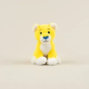 A little yellow lion cub plush toy. He has bright yellow fur and an adorable blue, heart-shaped nose.