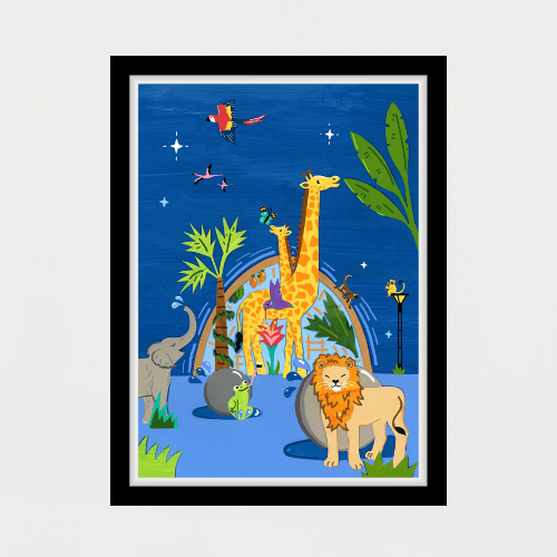 A photograph of a framed print, which features softly illustrated animals - including a lion, pair of giraffes, an elephant and a frog stood beneath a starlit sky in front of Sheffield's Winter Gardens.