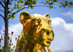 A gold lioness sculpture, in the background is a tree and blue skies with big fluffy clouds